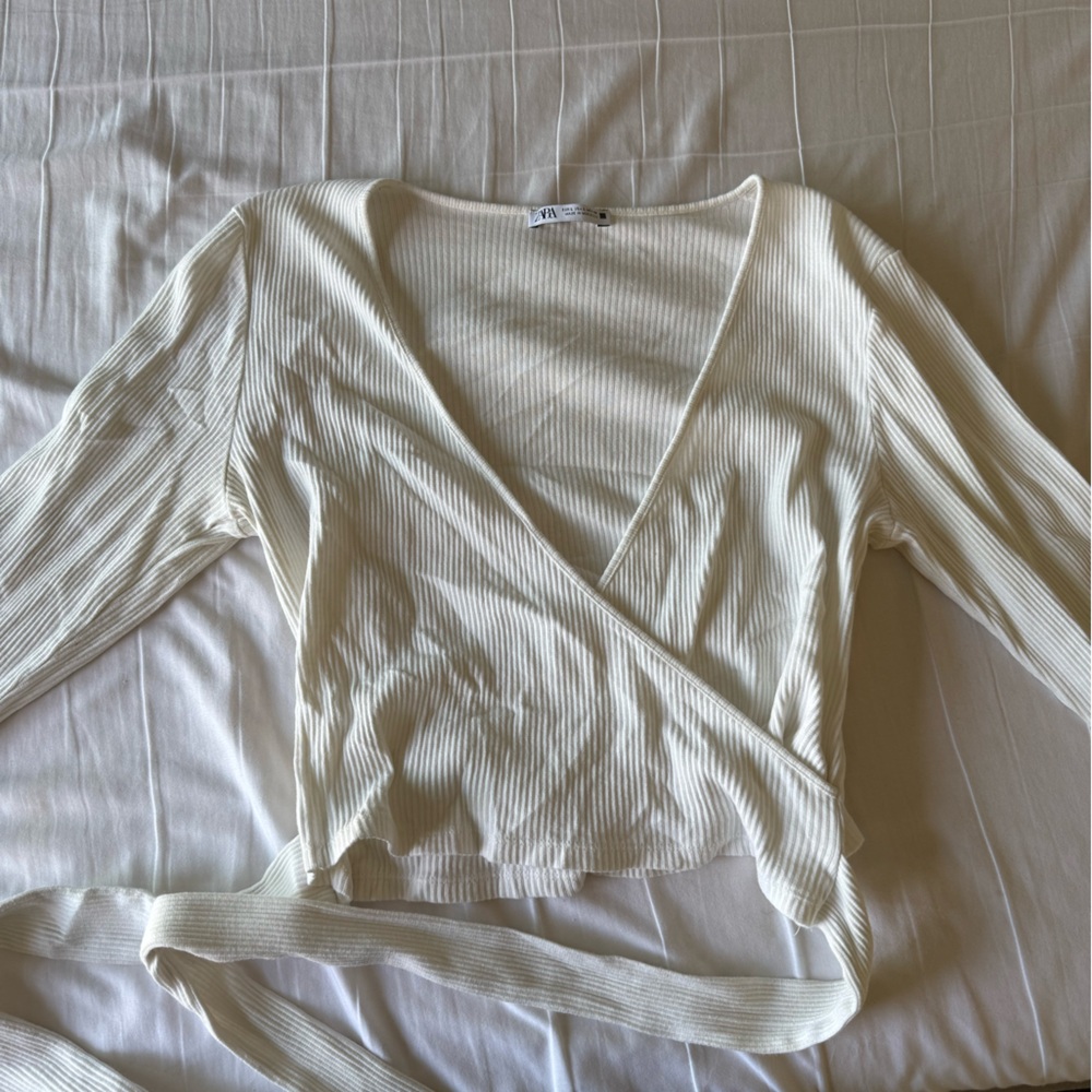 Zara Off-White Ribbed Wrap Top
